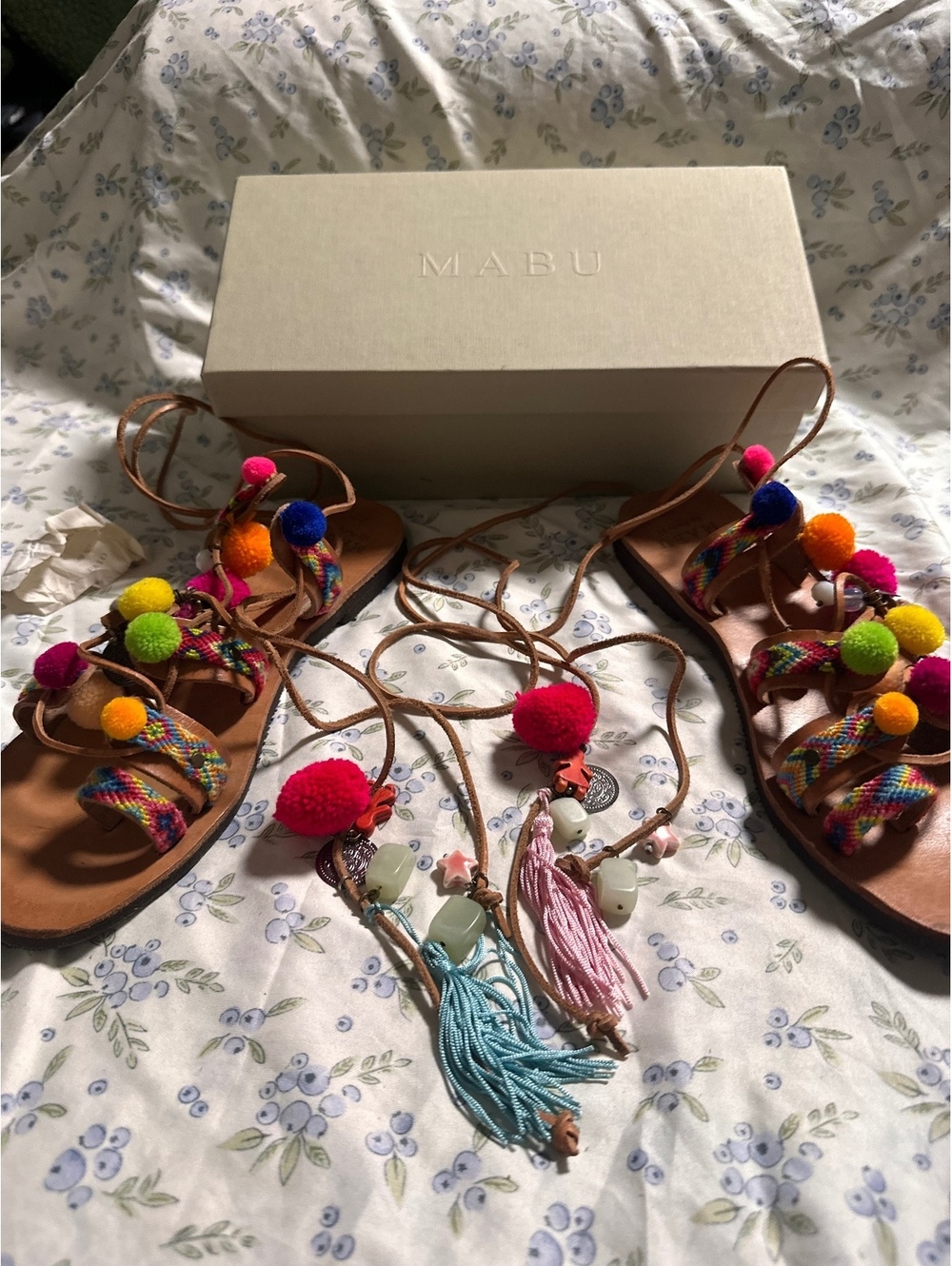 Mabu Women's Colorful Pom Pom Lace-Up Sandals